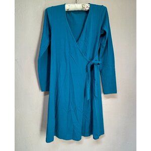 Synergy Womens Blue Organic Cotton Blend Long Sleeve Wrap Dress Small Stretch